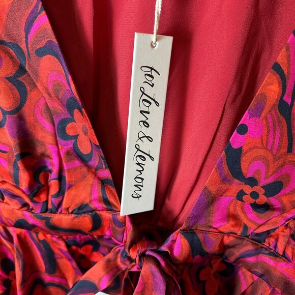 For Love & Lemons NWT Davina Pink Red Floral Plunge Tie Front LS Top Size XS - Picture 6 of 15